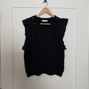 Anthropologie Sweater Vest Womens Sz M Black Cable Knit Ruffle Sleeveless Boho